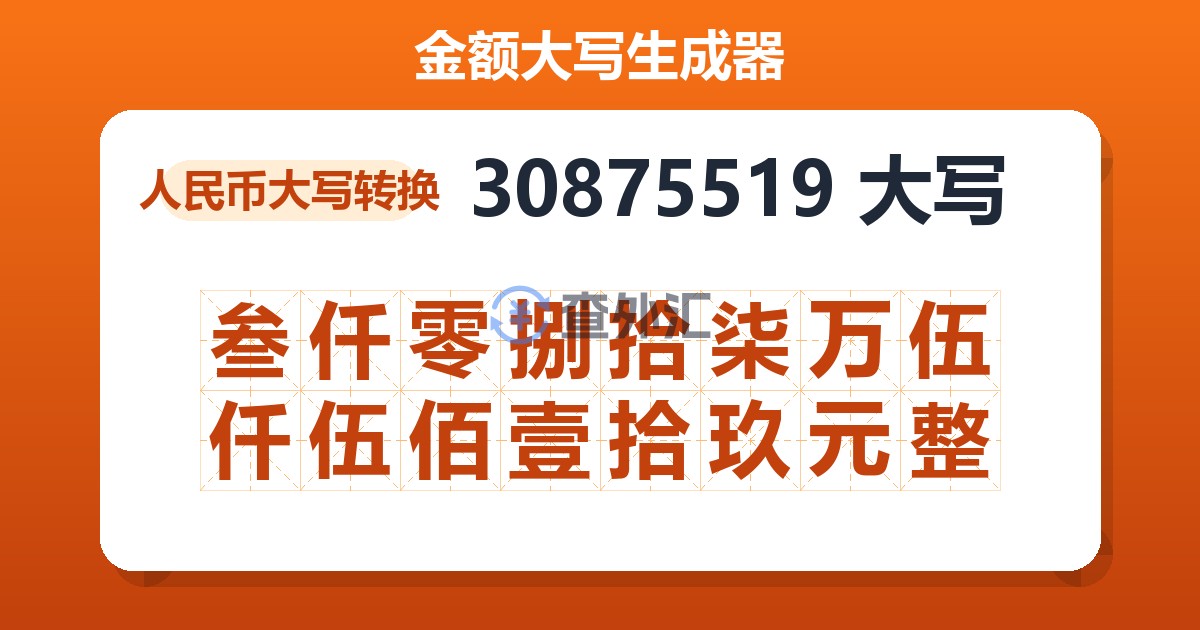 30875519大写 叁仟零捌拾柒万伍仟伍佰壹拾玖元整