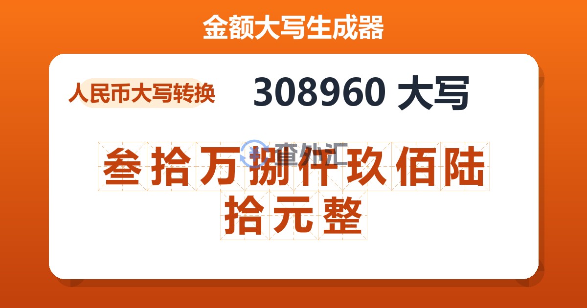 308960大写 叁拾万捌仟玖佰陆拾元整
