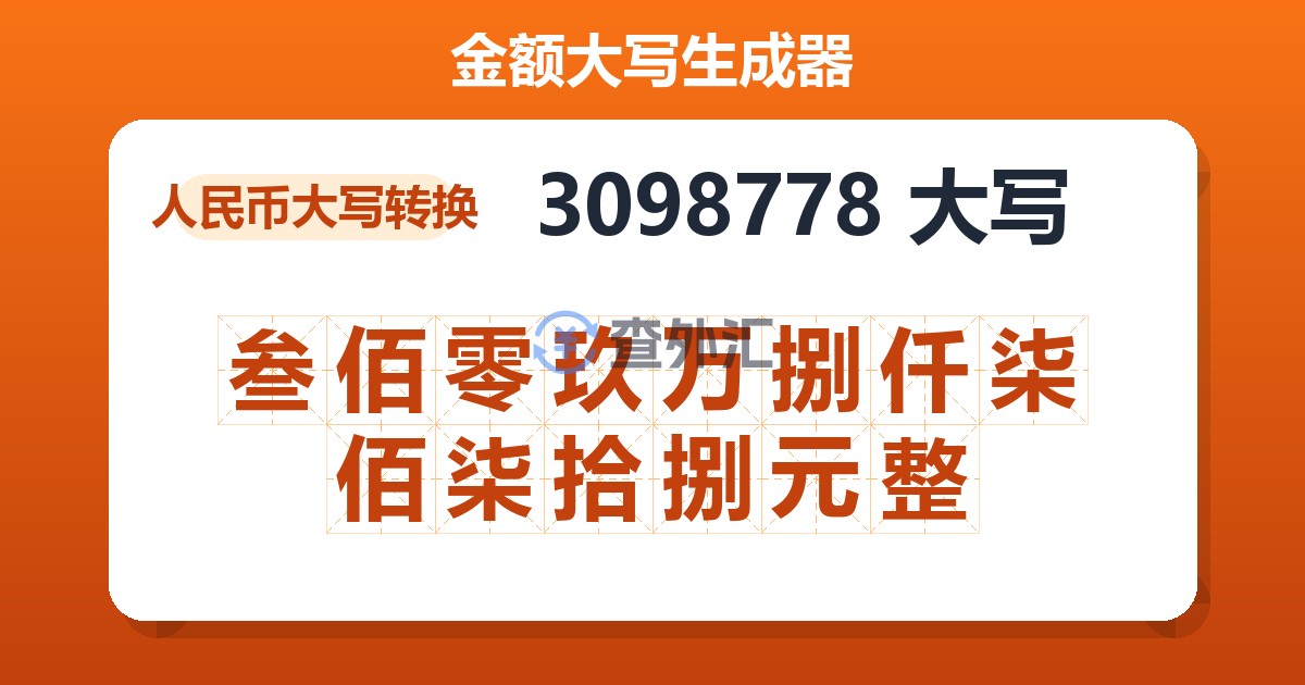 3098778大写 叁佰零玖万捌仟柒佰柒拾捌元整