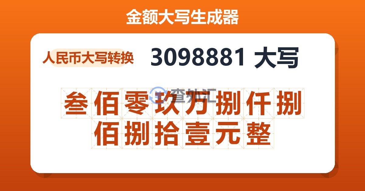 3098881大写 叁佰零玖万捌仟捌佰捌拾壹元整