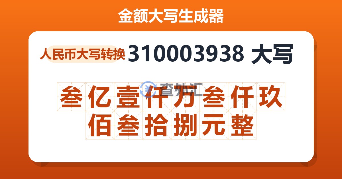 310003938大写 叁亿壹仟万叁仟玖佰叁拾捌元整