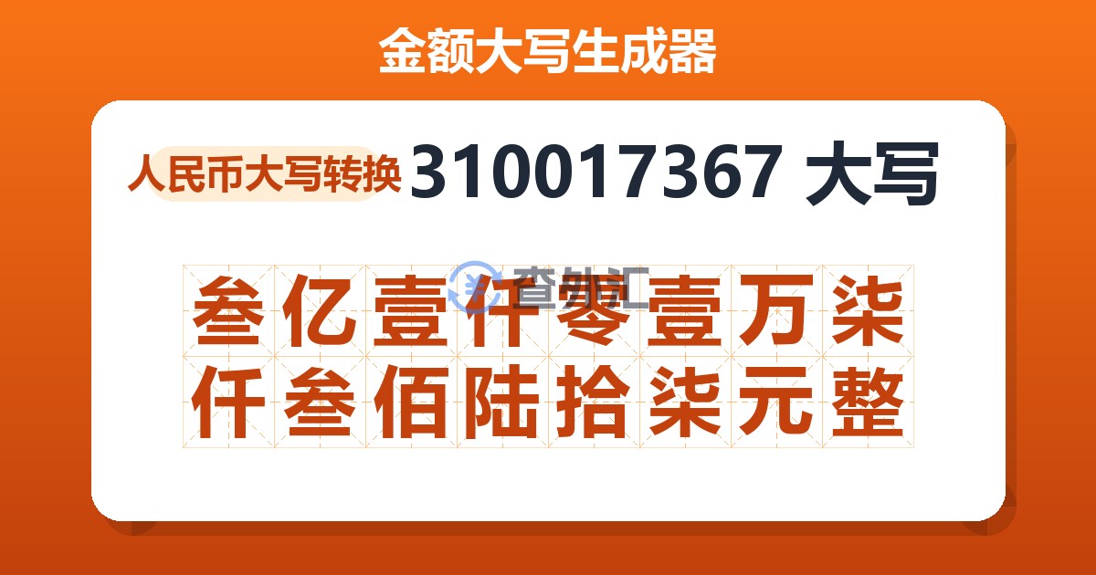 310017367大写 叁亿壹仟零壹万柒仟叁佰陆拾柒元整
