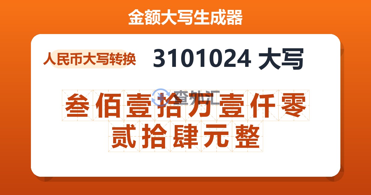 3101024大写 叁佰壹拾万壹仟零贰拾肆元整