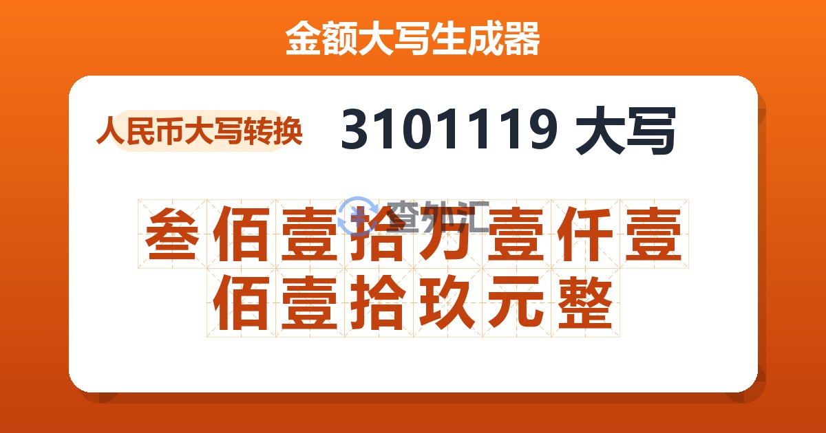 3101119大写 叁佰壹拾万壹仟壹佰壹拾玖元整