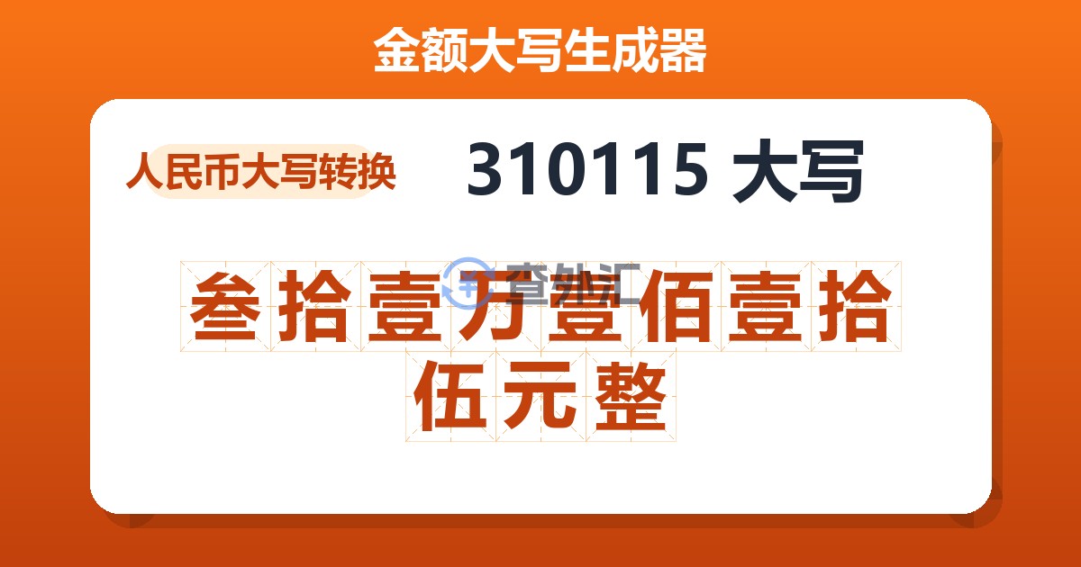 310115大写 叁拾壹万壹佰壹拾伍元整