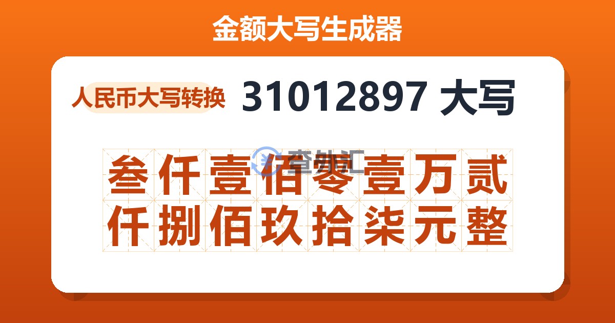 31012897大写 叁仟壹佰零壹万贰仟捌佰玖拾柒元整