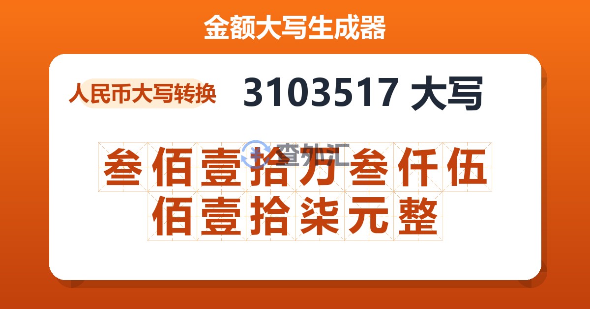 3103517大写 叁佰壹拾万叁仟伍佰壹拾柒元整