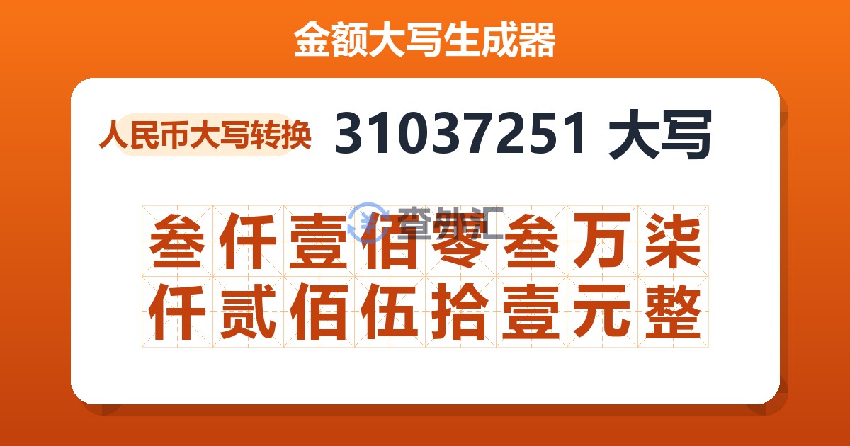 31037251大写 叁仟壹佰零叁万柒仟贰佰伍拾壹元整