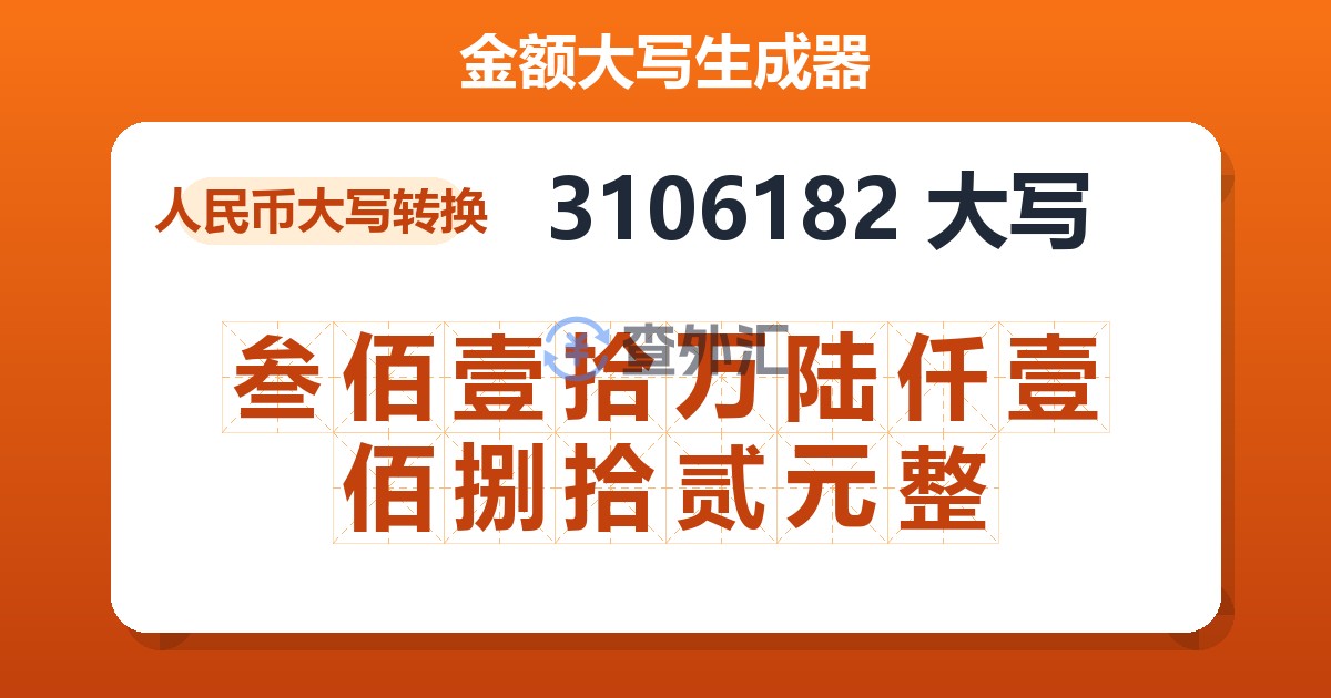 3106182大写 叁佰壹拾万陆仟壹佰捌拾贰元整
