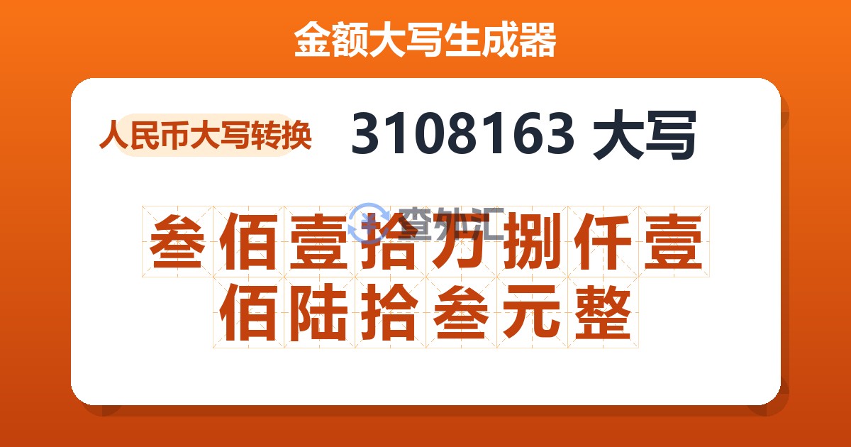 3108163大写 叁佰壹拾万捌仟壹佰陆拾叁元整