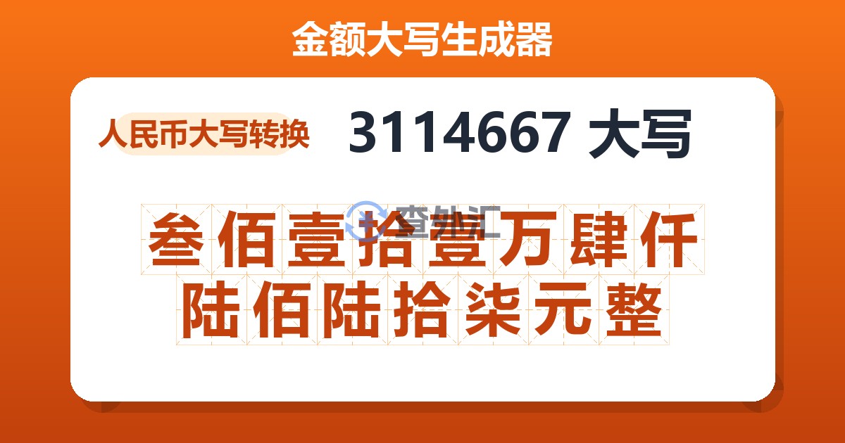 3114667大写 叁佰壹拾壹万肆仟陆佰陆拾柒元整