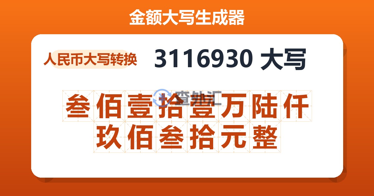 3116930大写 叁佰壹拾壹万陆仟玖佰叁拾元整