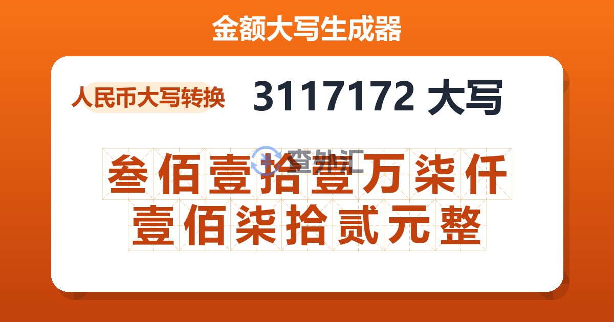 3117172大写 叁佰壹拾壹万柒仟壹佰柒拾贰元整