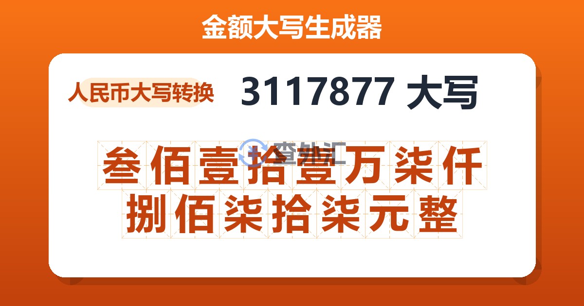 3117877大写 叁佰壹拾壹万柒仟捌佰柒拾柒元整