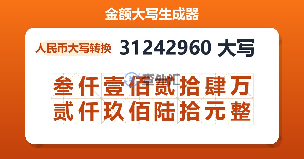 31242960大写 叁仟壹佰贰拾肆万贰仟玖佰陆拾元整