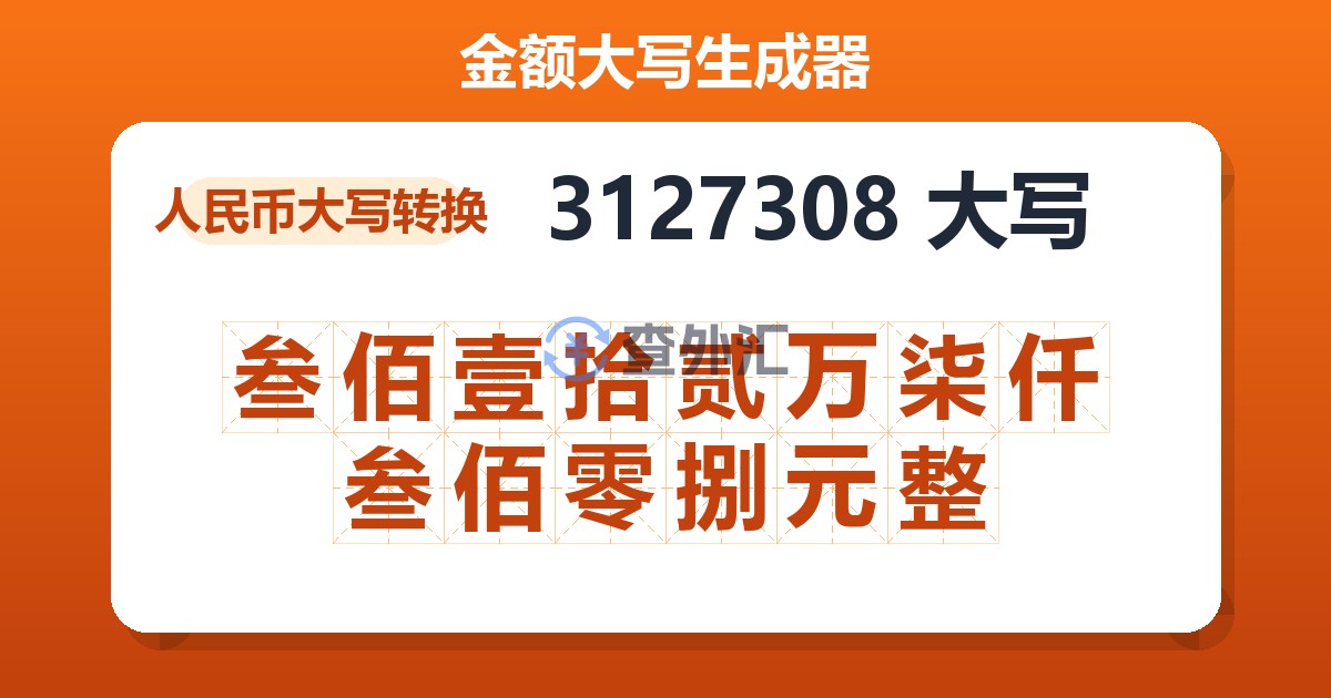 3127308大写 叁佰壹拾贰万柒仟叁佰零捌元整