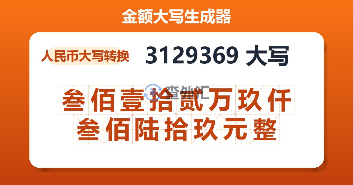 3129369大写 叁佰壹拾贰万玖仟叁佰陆拾玖元整