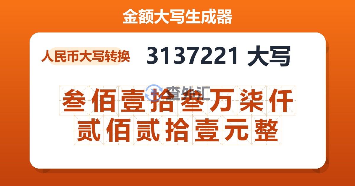 3137221大写 叁佰壹拾叁万柒仟贰佰贰拾壹元整
