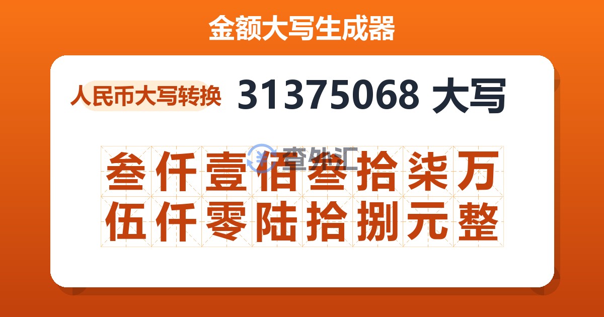 31375068大写 叁仟壹佰叁拾柒万伍仟零陆拾捌元整