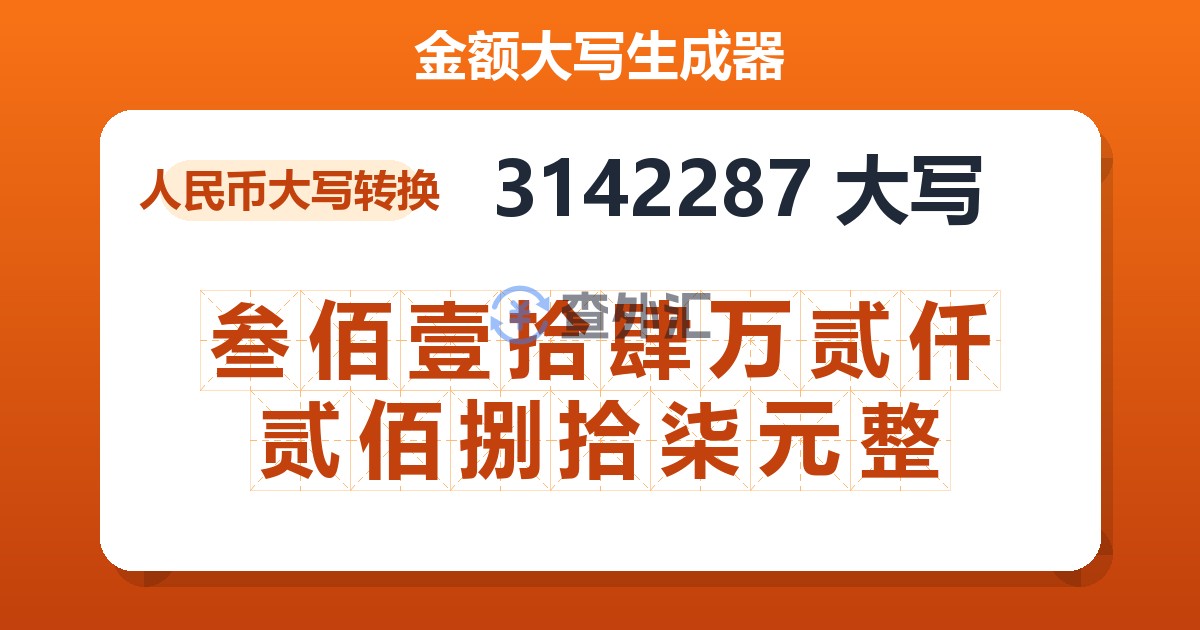 3142287大写 叁佰壹拾肆万贰仟贰佰捌拾柒元整