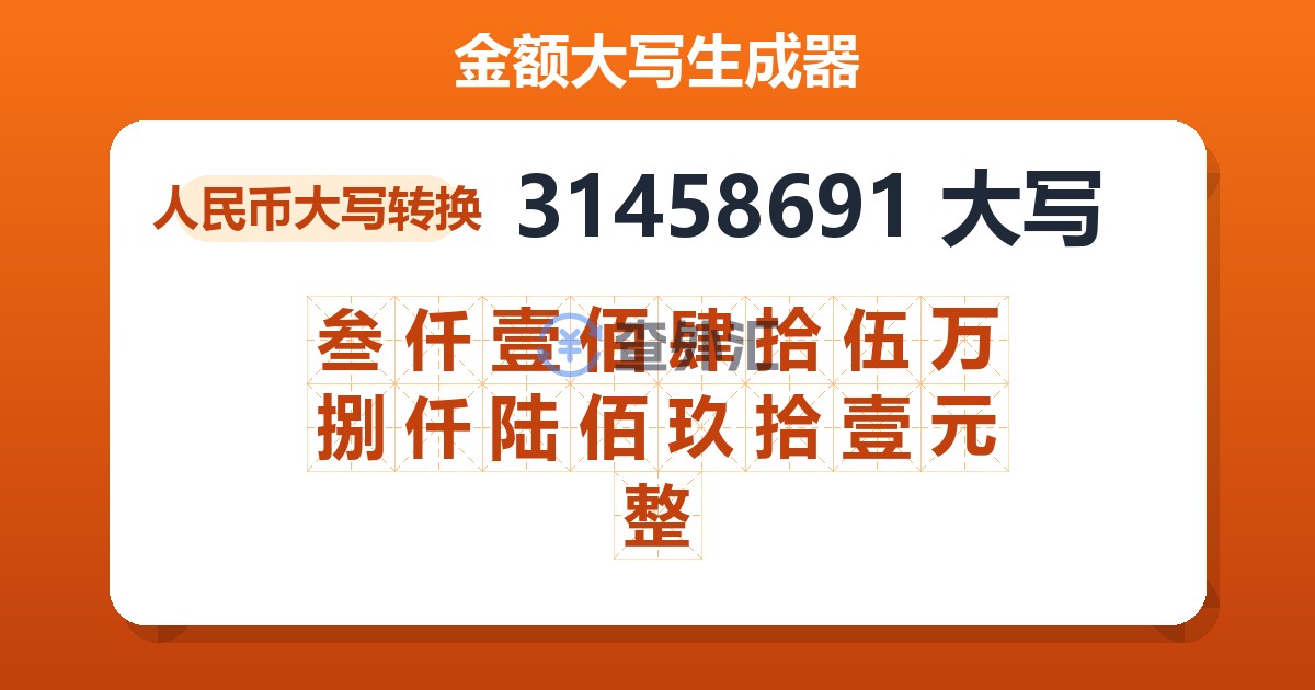 31458691大写 叁仟壹佰肆拾伍万捌仟陆佰玖拾壹元整