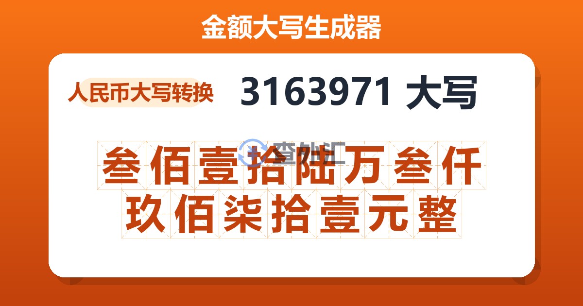 3163971大写 叁佰壹拾陆万叁仟玖佰柒拾壹元整