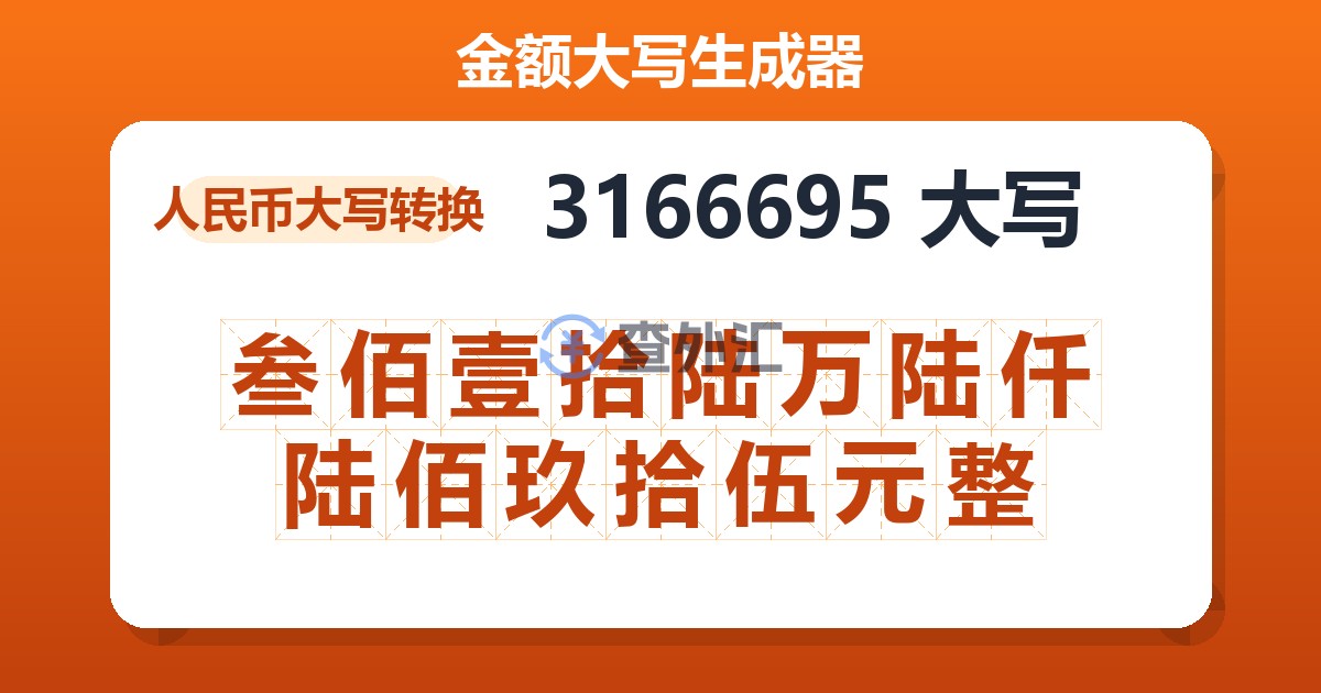 3166695大写 叁佰壹拾陆万陆仟陆佰玖拾伍元整