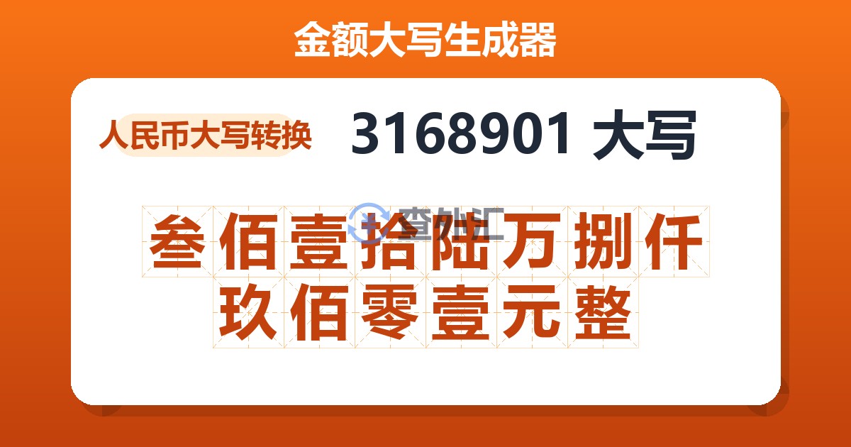 3168901大写 叁佰壹拾陆万捌仟玖佰零壹元整