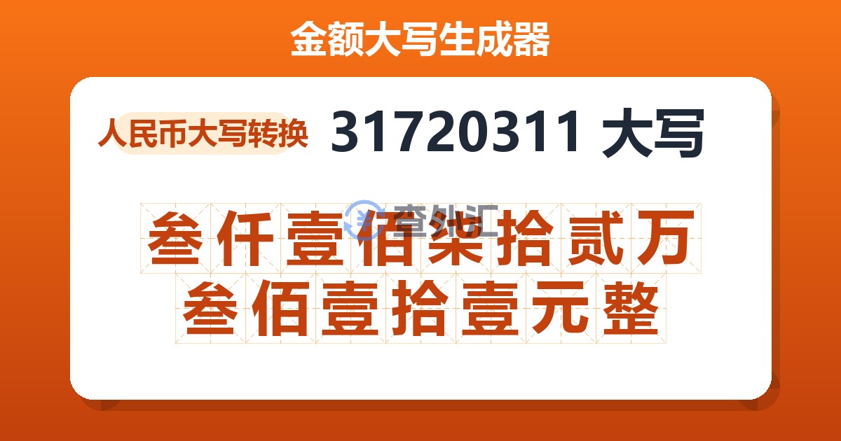 31720311大写 叁仟壹佰柒拾贰万叁佰壹拾壹元整