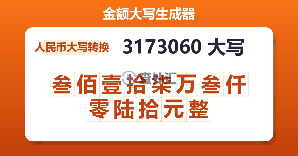 3173060大写 叁佰壹拾柒万叁仟零陆拾元整