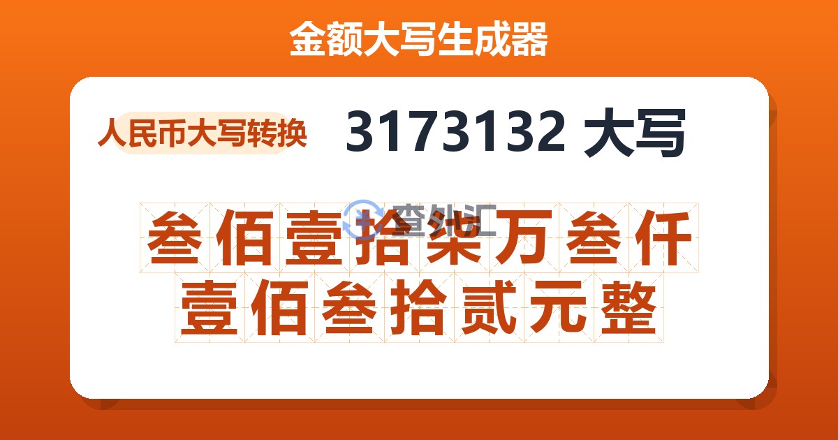 3173132大写 叁佰壹拾柒万叁仟壹佰叁拾贰元整