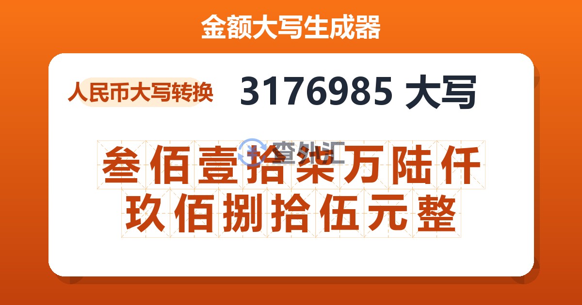 3176985大写 叁佰壹拾柒万陆仟玖佰捌拾伍元整