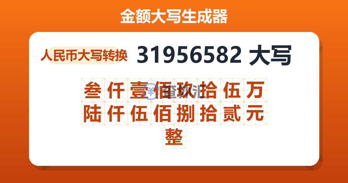 31956582大写 叁仟壹佰玖拾伍万陆仟伍佰捌拾贰元整