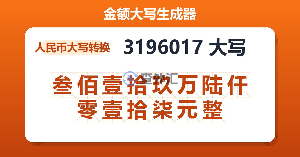 3196017大写 叁佰壹拾玖万陆仟零壹拾柒元整