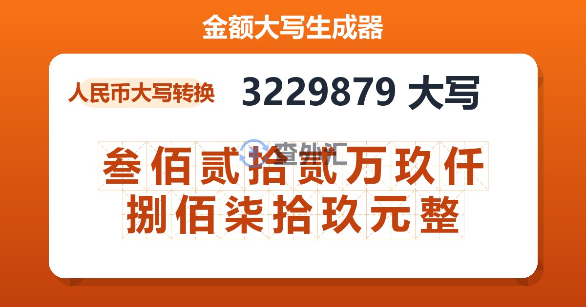 3229879大写 叁佰贰拾贰万玖仟捌佰柒拾玖元整