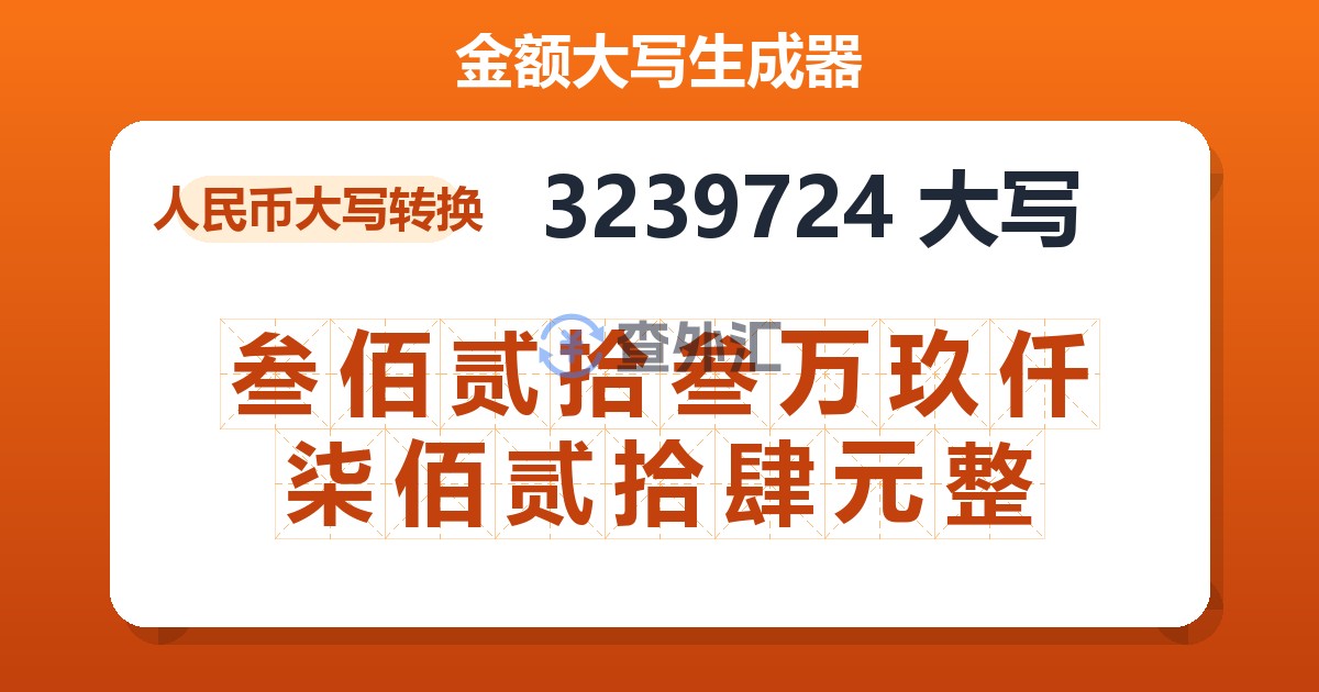 3239724大写 叁佰贰拾叁万玖仟柒佰贰拾肆元整