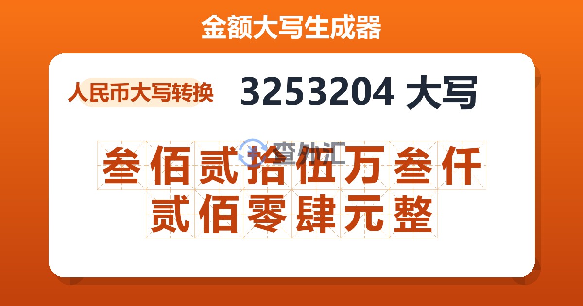 3253204大写 叁佰贰拾伍万叁仟贰佰零肆元整