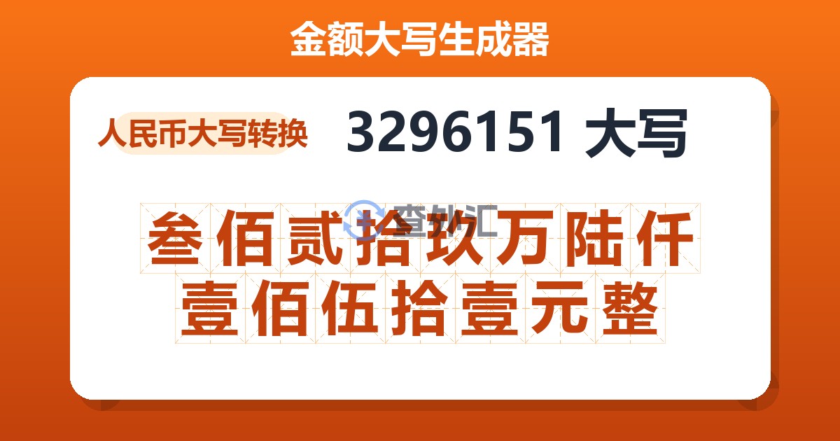 3296151大写 叁佰贰拾玖万陆仟壹佰伍拾壹元整
