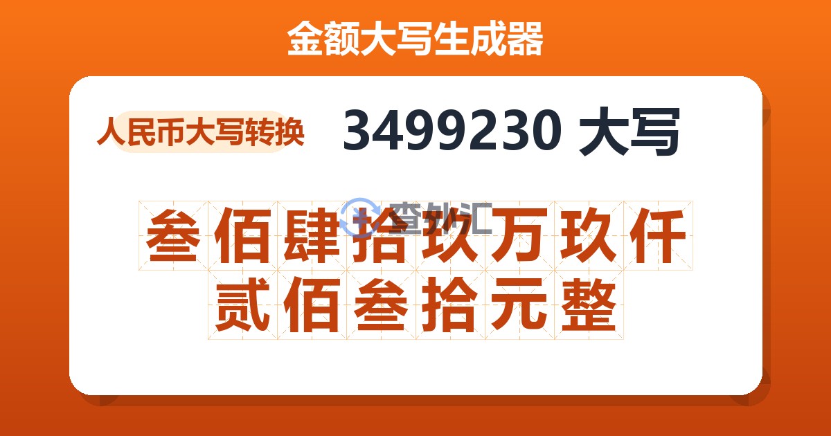 3499230大写 叁佰肆拾玖万玖仟贰佰叁拾元整