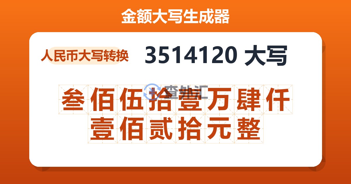 3514120大写 叁佰伍拾壹万肆仟壹佰贰拾元整