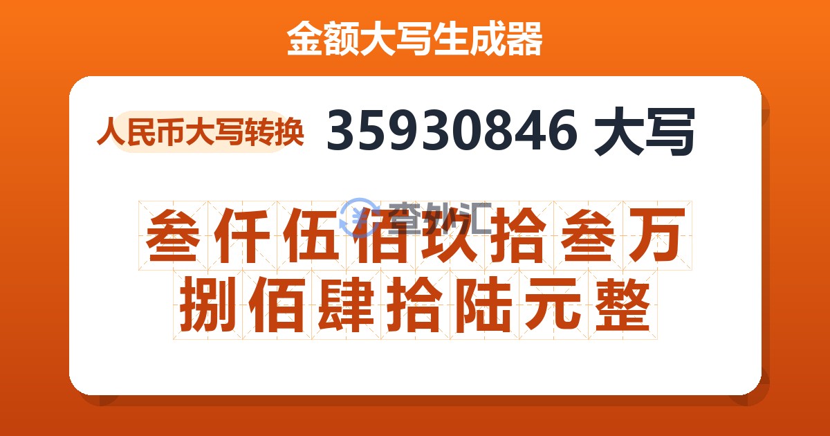 35930846大写 叁仟伍佰玖拾叁万捌佰肆拾陆元整