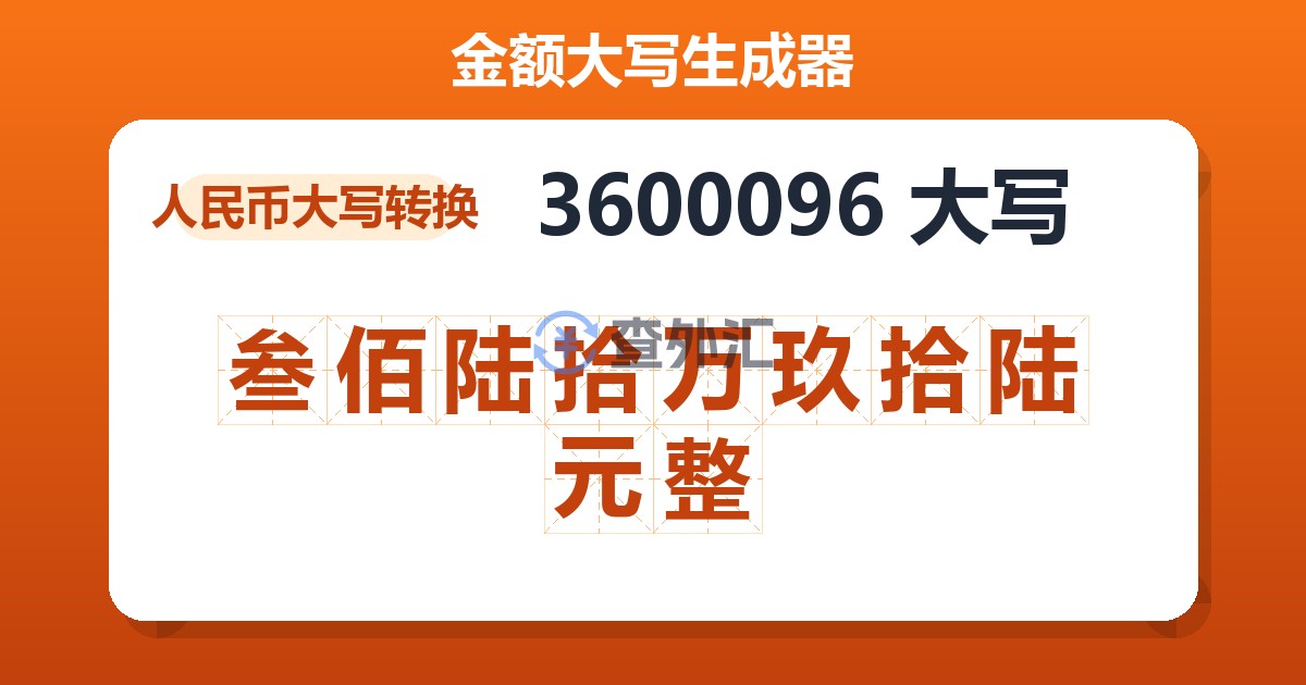 3600096大写 叁佰陆拾万玖拾陆元整