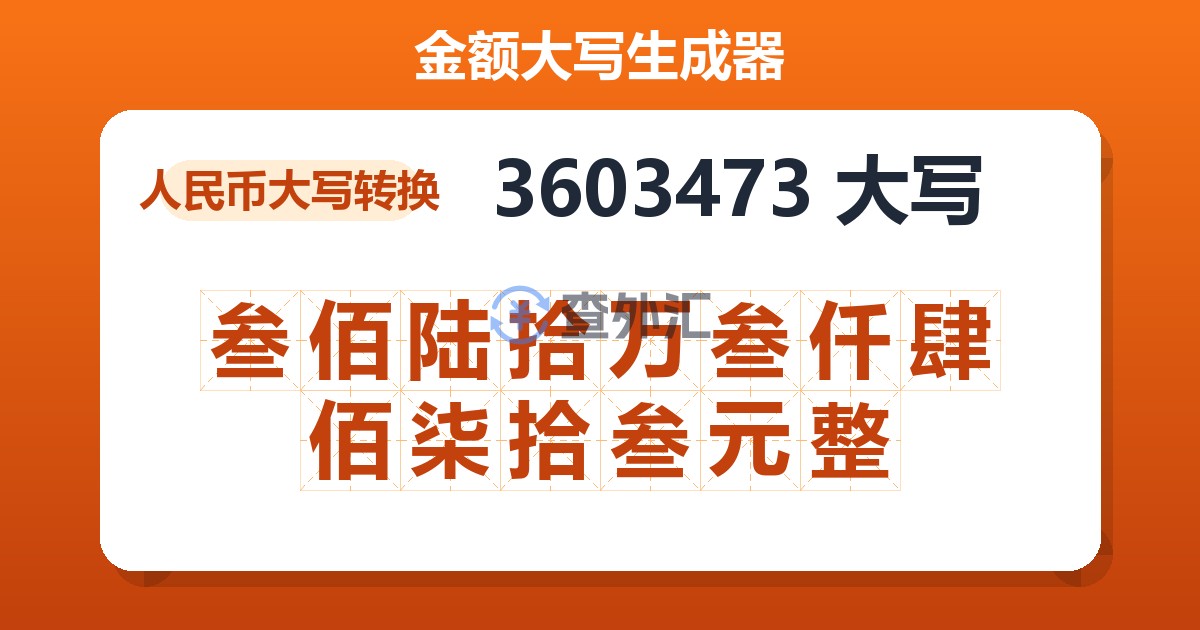 3603473大写 叁佰陆拾万叁仟肆佰柒拾叁元整