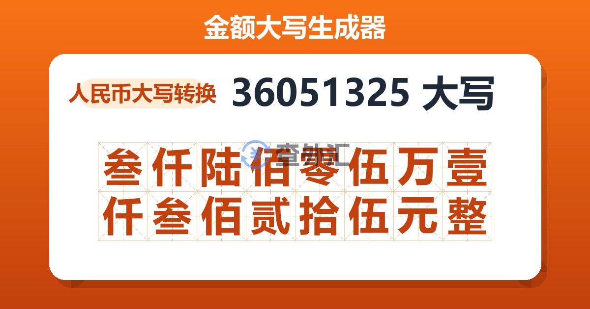 36051325大写 叁仟陆佰零伍万壹仟叁佰贰拾伍元整