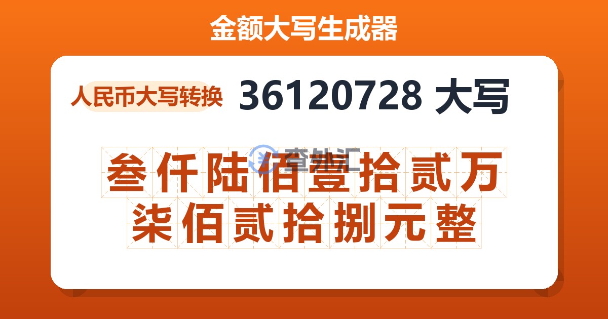 36120728大写 叁仟陆佰壹拾贰万柒佰贰拾捌元整