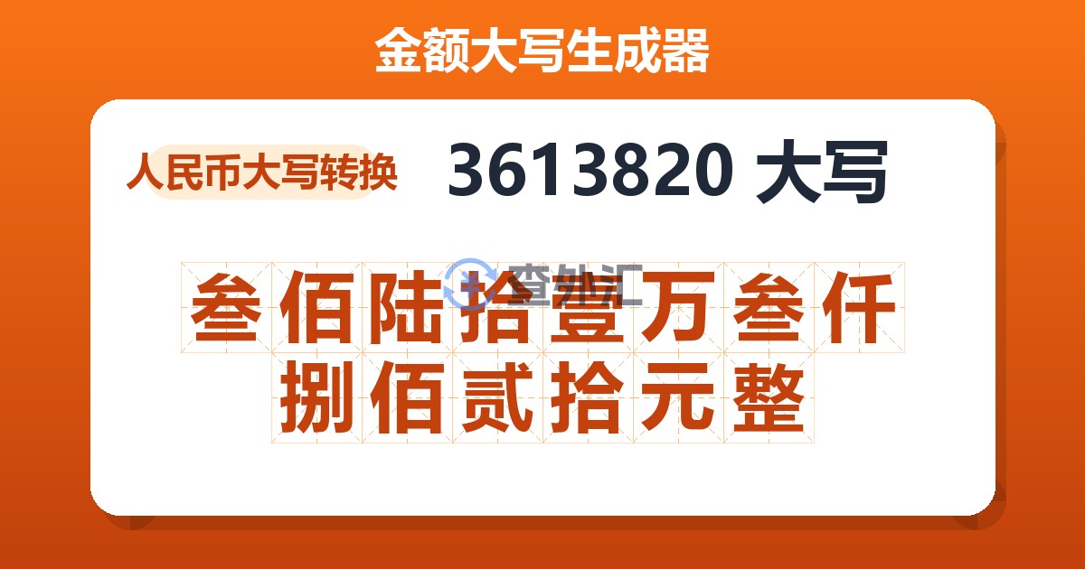 3613820大写 叁佰陆拾壹万叁仟捌佰贰拾元整