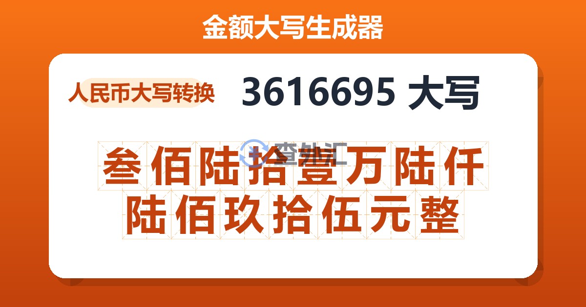 3616695大写 叁佰陆拾壹万陆仟陆佰玖拾伍元整
