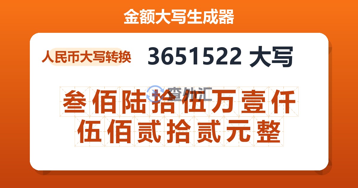 3651522大写 叁佰陆拾伍万壹仟伍佰贰拾贰元整