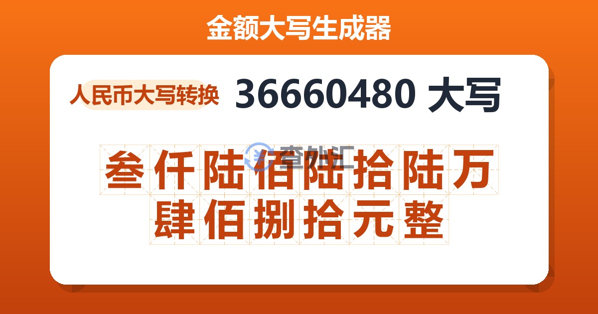 36660480大写 叁仟陆佰陆拾陆万肆佰捌拾元整