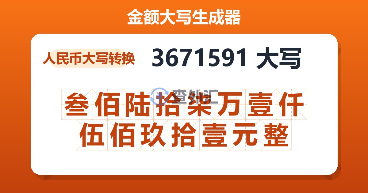 3671591大写 叁佰陆拾柒万壹仟伍佰玖拾壹元整